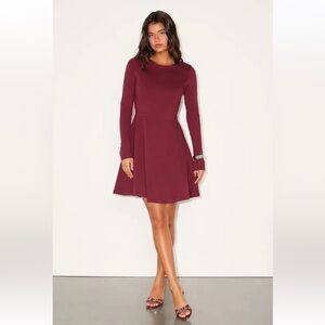 Lulus Forever Chic Burgundy Long Sleeve Fit-and-Flare Dress